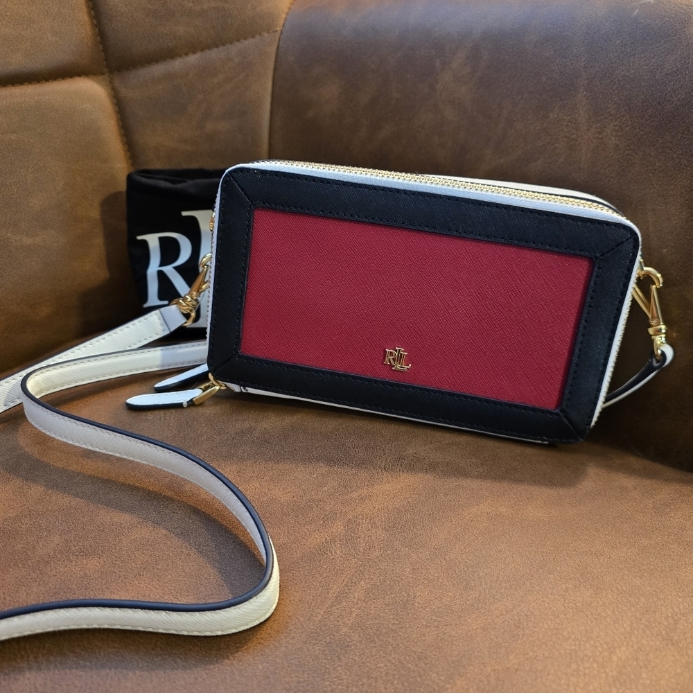 Lauren Ralph Lauren Red, Black & Cream Leather Crossbody Wallet Bag